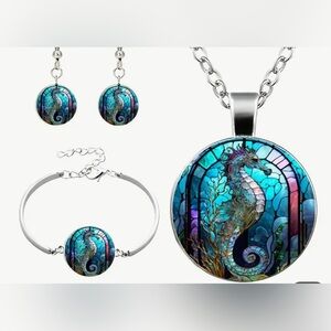 Stunning Seahorse Gem Pendant Necklace, Bracelet, and Earrings Set